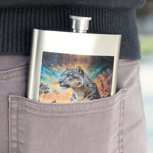 Snow Leopard Wildfire Sunrise reflection Flask (In Situ)