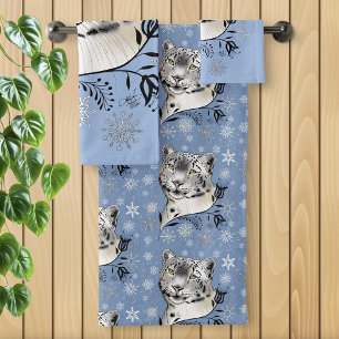 Snow Leopard Winter Elegance Blue Snowflakes Bath Towel Set