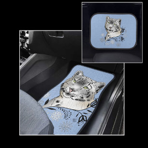 Snow Leopard Winter Elegance Blue Snowflakes Car Floor Mat