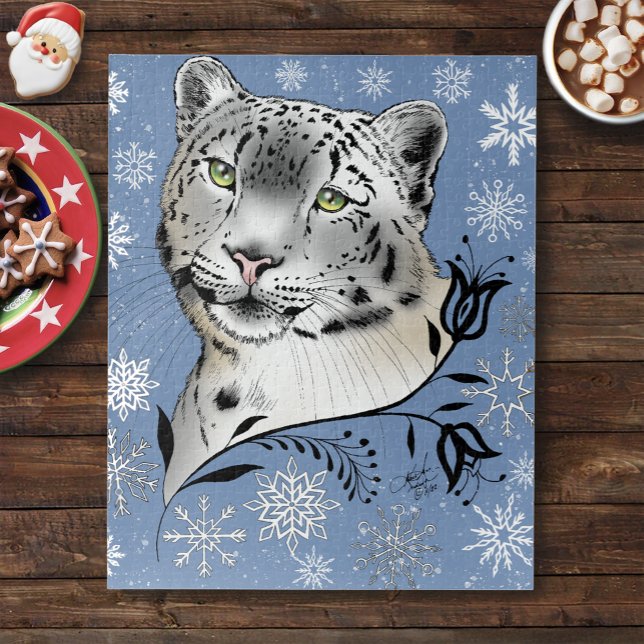 Snow Leopard Winter Elegance Blue Snowflakes Jigsaw Puzzle (Creator Uploaded)