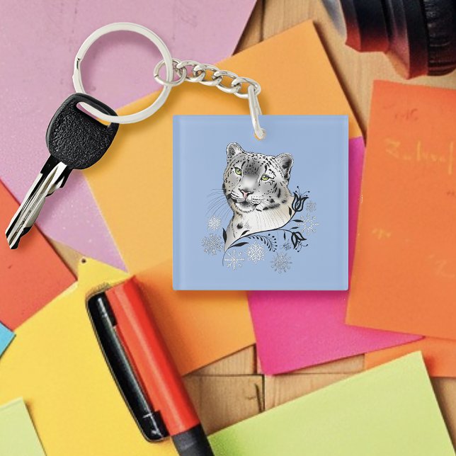 Snow Leopard Winter Elegance Blue Snowflakes Keychain (Creator Uploaded)