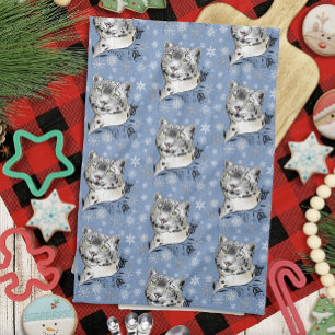 Snow Leopard Winter Elegance Blue Snowflakes Kitchen Towel