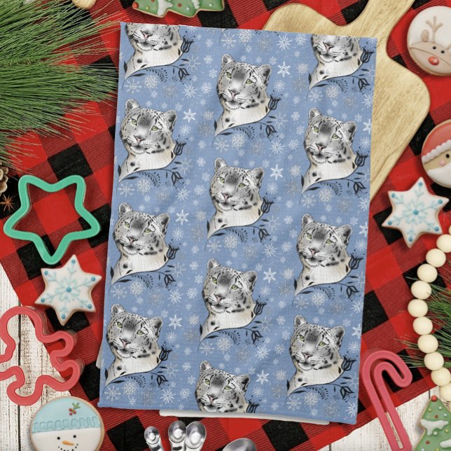 Snow Leopard Winter Elegance Blue Snowflakes Kitchen Towel (Creator Uploaded)