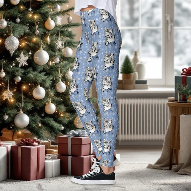 Snow Leopard Winter Elegance Blue Snowflakes Leggings (Creator Uploaded)