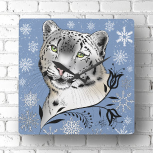 Snow Leopard Winter Elegance Blue Snowflakes Square Wall Clock