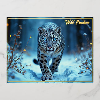 Snow leopard winter majestic blue-eyed predator foil holiday postcard