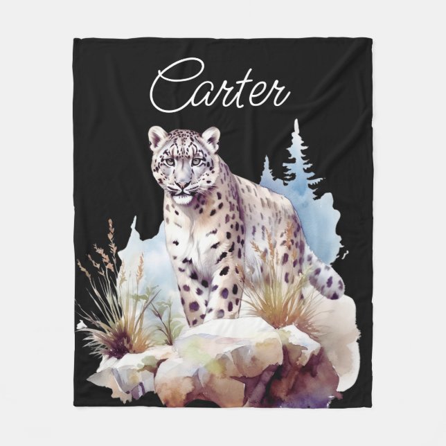Snow Leopard Winter Mountain Personalized Fleece Blanket (Front)