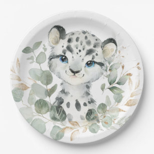 Snow Leopard Winter Onederland Arctic Greenery Paper Plates