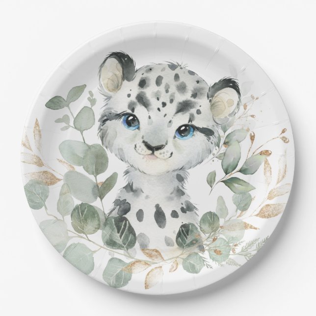 Snow Leopard Winter Onederland Arctic Greenery Paper Plates (Front)