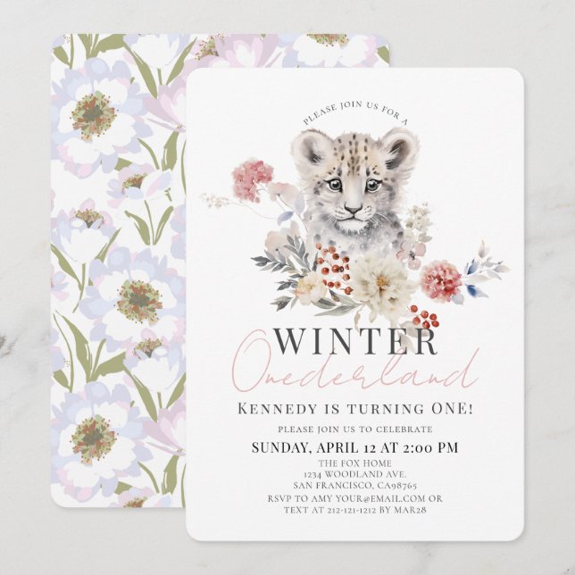 Snow Leopard Winter Onederland Girl 1st Birthday Invitation (Front/Back)