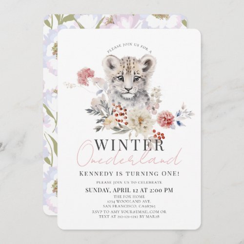 Snow Leopard Winter Onederland Girl 1st Birthday Invitation