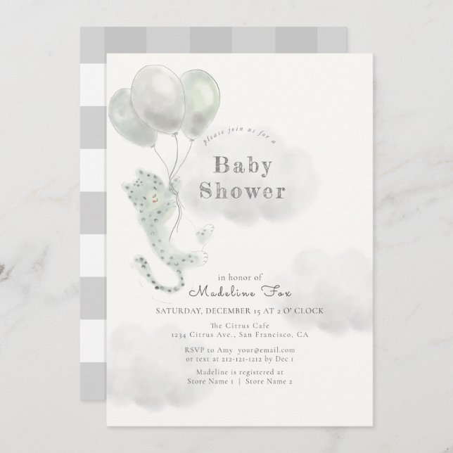 Snow Leopard with Balloons Gray Baby Shower Invitation (Front/Back)
