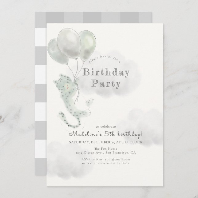 Snow Leopard with Balloons Gray Birthday Invitation (Front/Back)