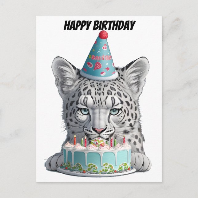 Snow Leopard with birday hat Postcard (Front)