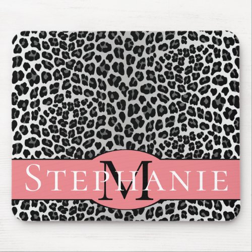 Snow leopard with name and monogram mouse pad