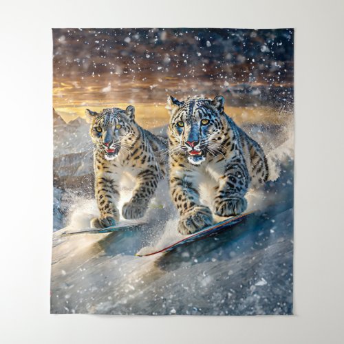 Snow Leopards Shredding Design by Rich AMeN Gill Tapestry