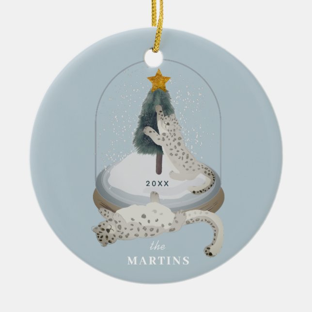 Snow Leopards Snow Globe Light Blue Holiday Photo Ceramic Ornament (Front)