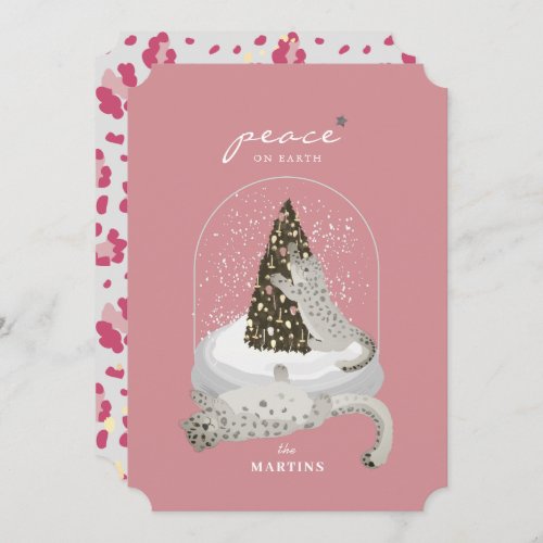 Snow Leopards Snow Globe Pink Holiday Card