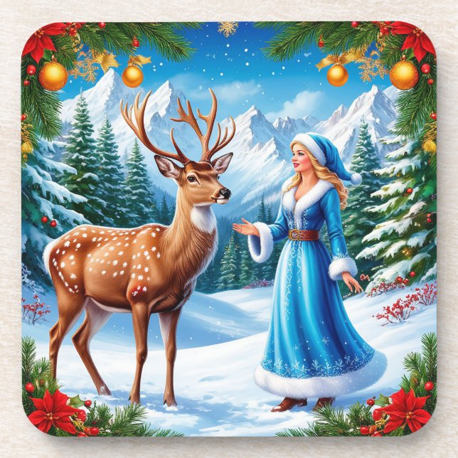 Snow Maiden Enchanting Winter Scene Beverage Coaster (Front)