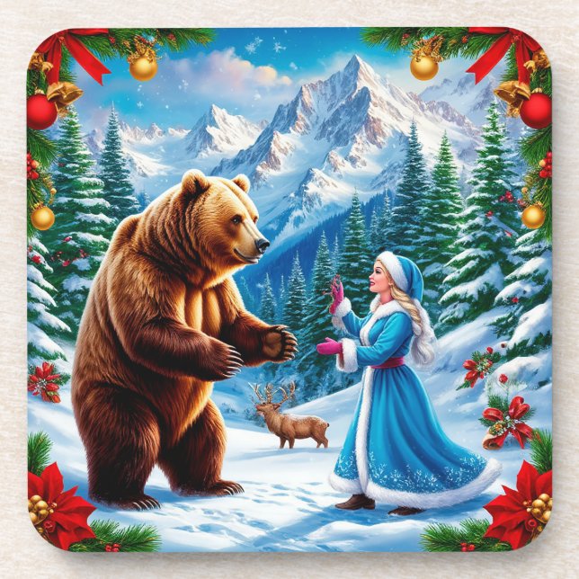 Snow Maiden Enchanting Winter Scene Beverage Coaster (Front)