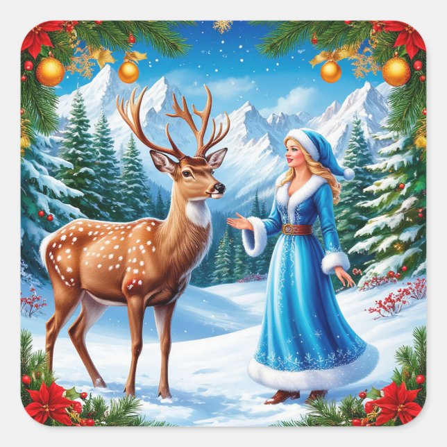 Snow Maiden Enchanting Winter Scene Square Sticker (Front)