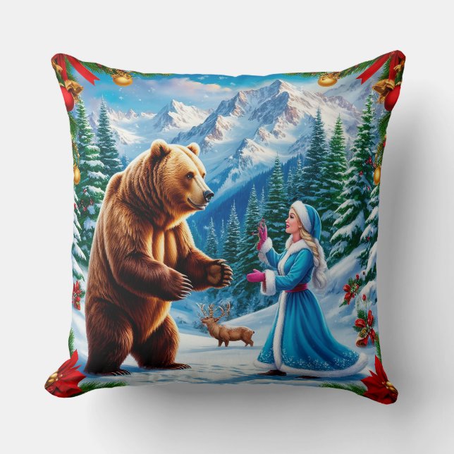 Snow Maiden Enchanting Winter Scene Throw Pillow (Front)