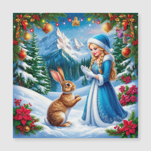 Snow Maiden in Winter Woodland Scene With rabbit