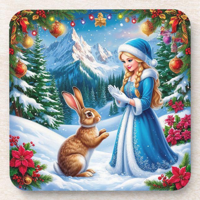 Snow Maiden in Winter Woodland Scene With rabbit Beverage Coaster (Front)