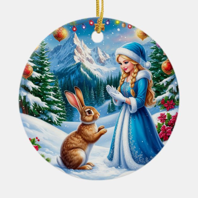 Snow Maiden in Winter Woodland Scene With rabbit Ceramic Ornament (Front)