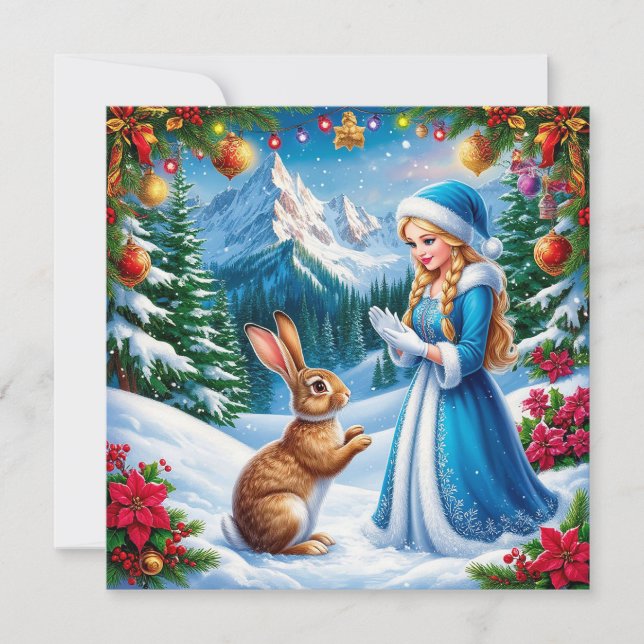 Snow Maiden in Winter Woodland Scene With rabbit Holiday Card (Front)
