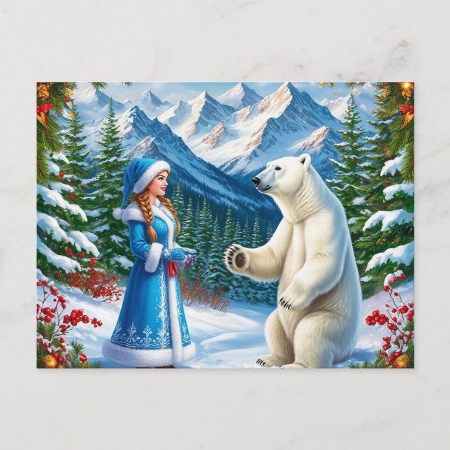 Snow Maiden with Festive Decor and Polar Bear Holiday Postcard (Front)