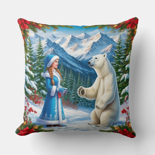 Snow Maiden with Festive Decor and Polar Bear Throw Pillow (Front)