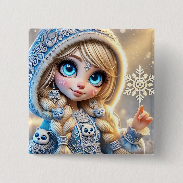 Snow Maiden With Glittering Snowflake Button (Front)