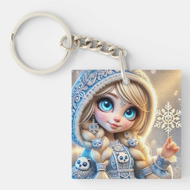 Snow Maiden With Glittering Snowflake Keychain (Front)