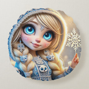 Snow Maiden With Glittering Snowflake Round Pillow
