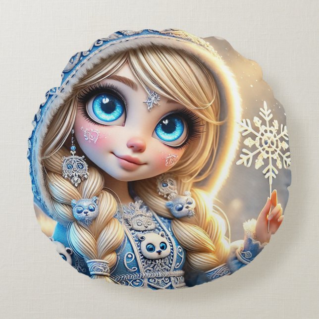 Snow Maiden With Glittering Snowflake Round Pillow (Front)