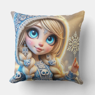 Snow Maiden With Glittering Snowflake Throw Pillow
