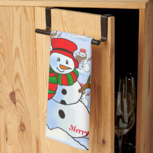 Snow man on blue background and snowflakes kitchen towel