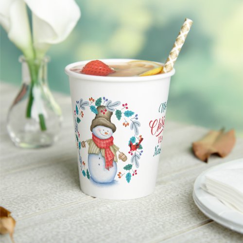 Snow Man with Red Bird Wreath Christmas Paper Cups