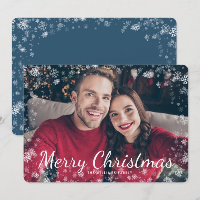 Snow Merry Christmas Photo Blue Holiday Card (Front/Back)