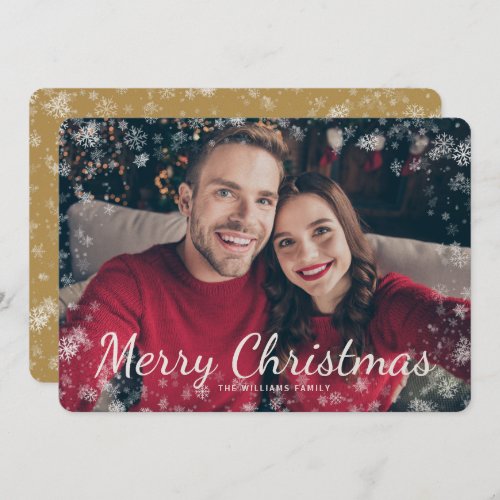 Snow Merry Christmas Photo Gold Holiday Card