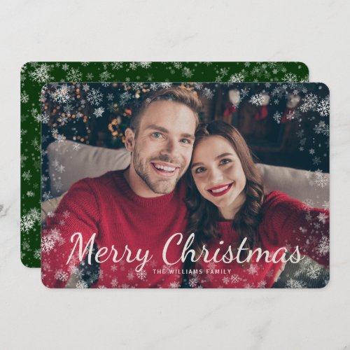 Snow Merry Christmas Photo Green Holiday Card