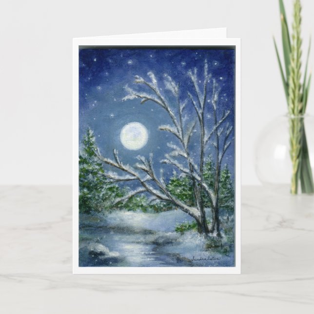 Snow Moon Winter Night Landscape Art Note Card (Front)