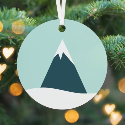 Snow Mountain Scandinavian Winter Minimalist Blue Metal Ornament