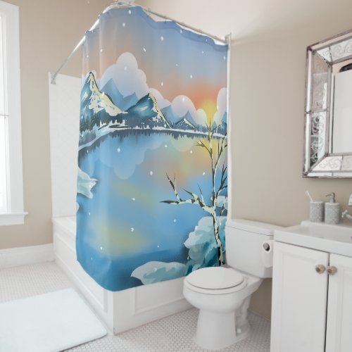 Snow Mountains Winter Scene Landscape Lake  Shower Curtain