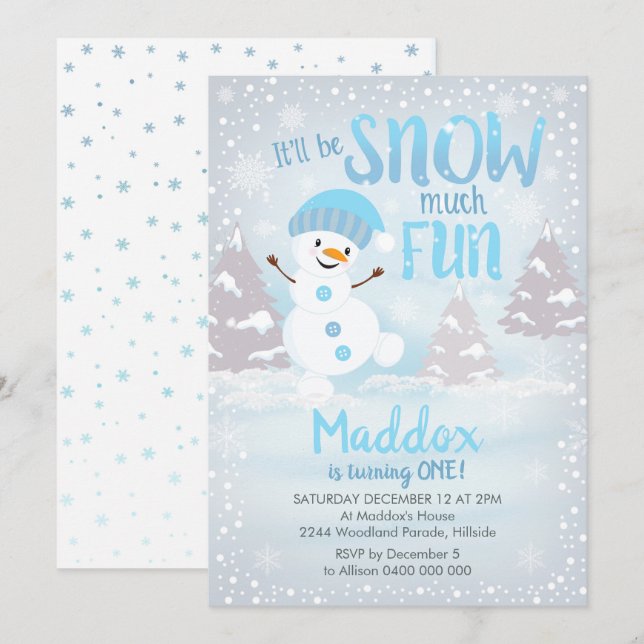 Snow much Fun 1st Birthday Invitation Winter Boy (Front/Back)