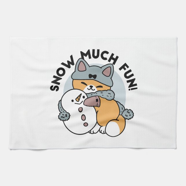Snow Much Fun Cat Winter Holiday Design Kitchen Towel (Horizontal)
