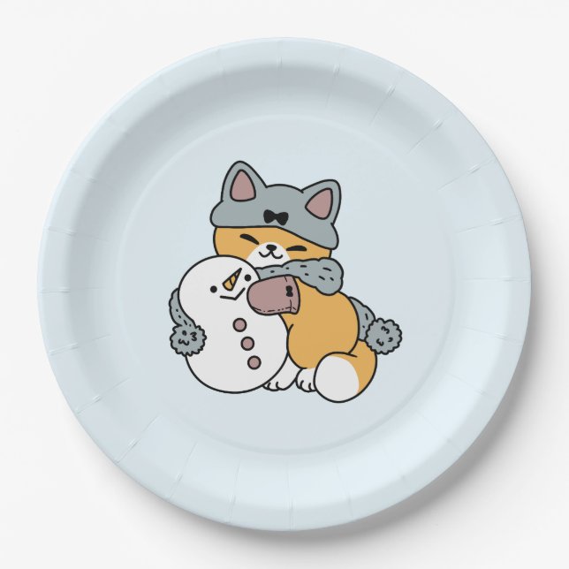 Snow Much Fun Cat Winter Holiday Design Paper Plates (Front)