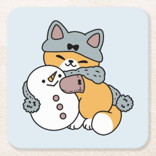 Snow Much Fun Cat Winter Holiday Design Square Paper Coaster