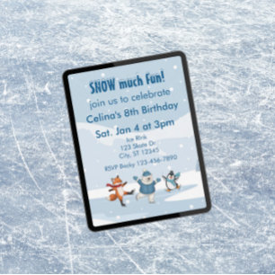 Snow Much Fun, ice skating animals winter birthday Invitation